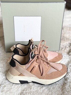 $990 Tom Ford Jago sneakers trainers pink peach black neoprene suede 38.5